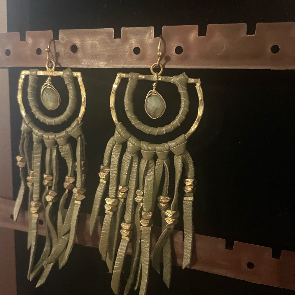 Bohemian Gold and Leather Dangle Earrings